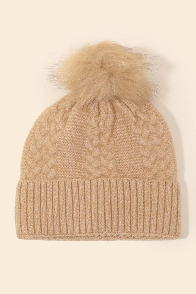 Crochet Knit Pompom Beanie - Camel