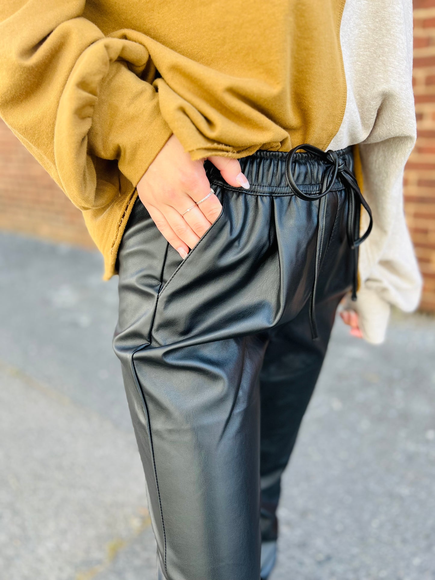 Faux Leather Jogger Pants - Black