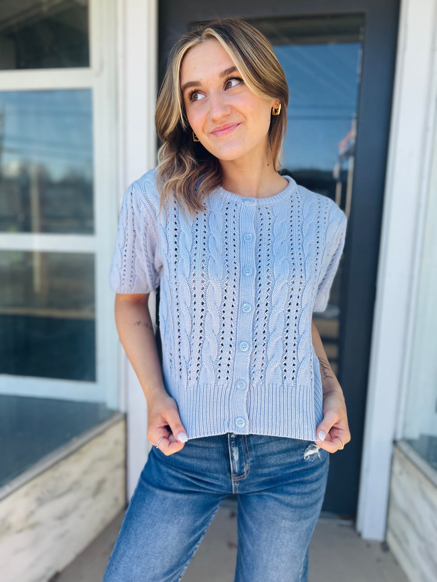 Sky | Cable Knit Puff Sleeve Top