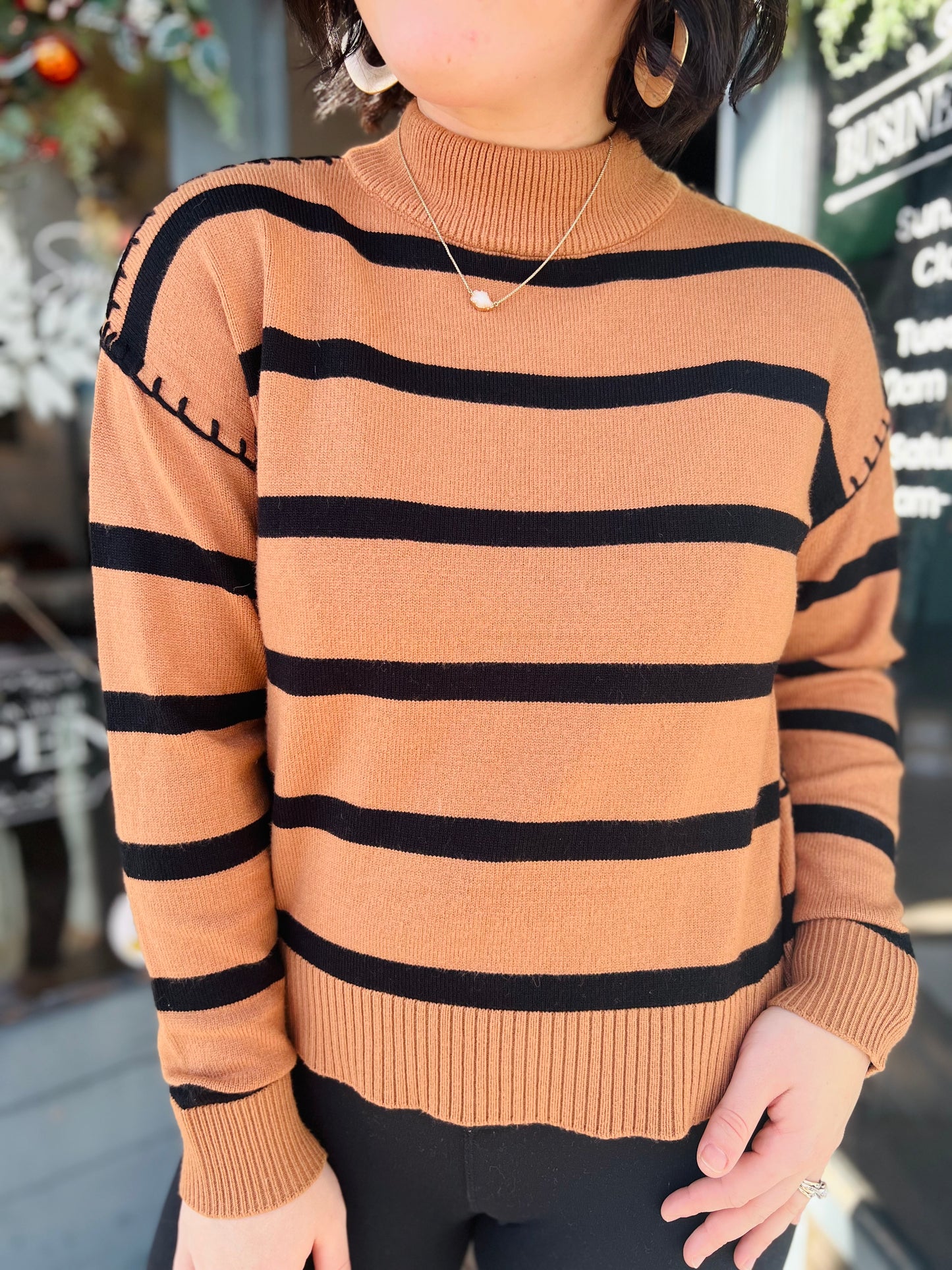 Tahari Khaki Stripe Sweater - Size M Petite