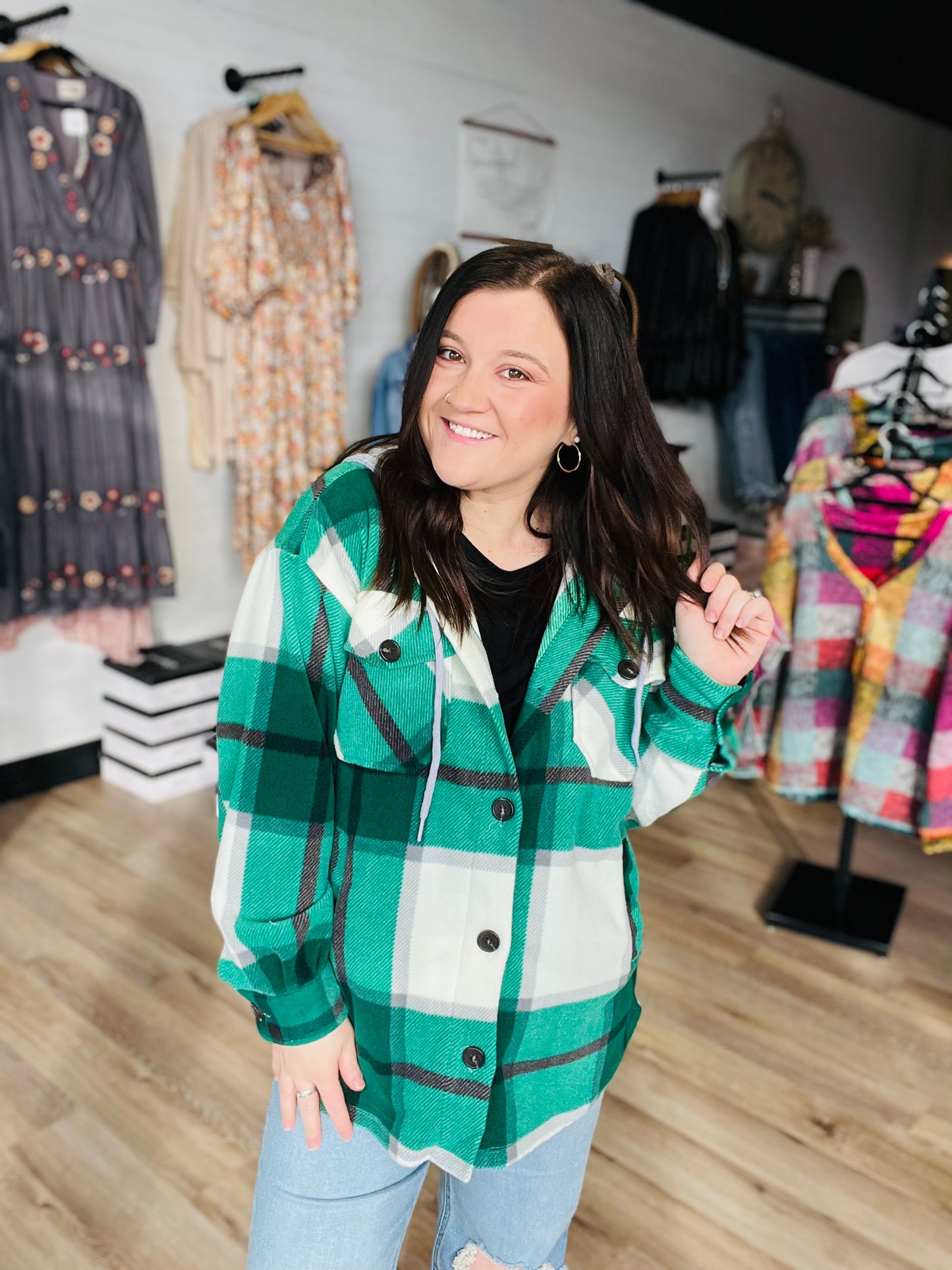 Plaid Drawstring Hooded Shacket