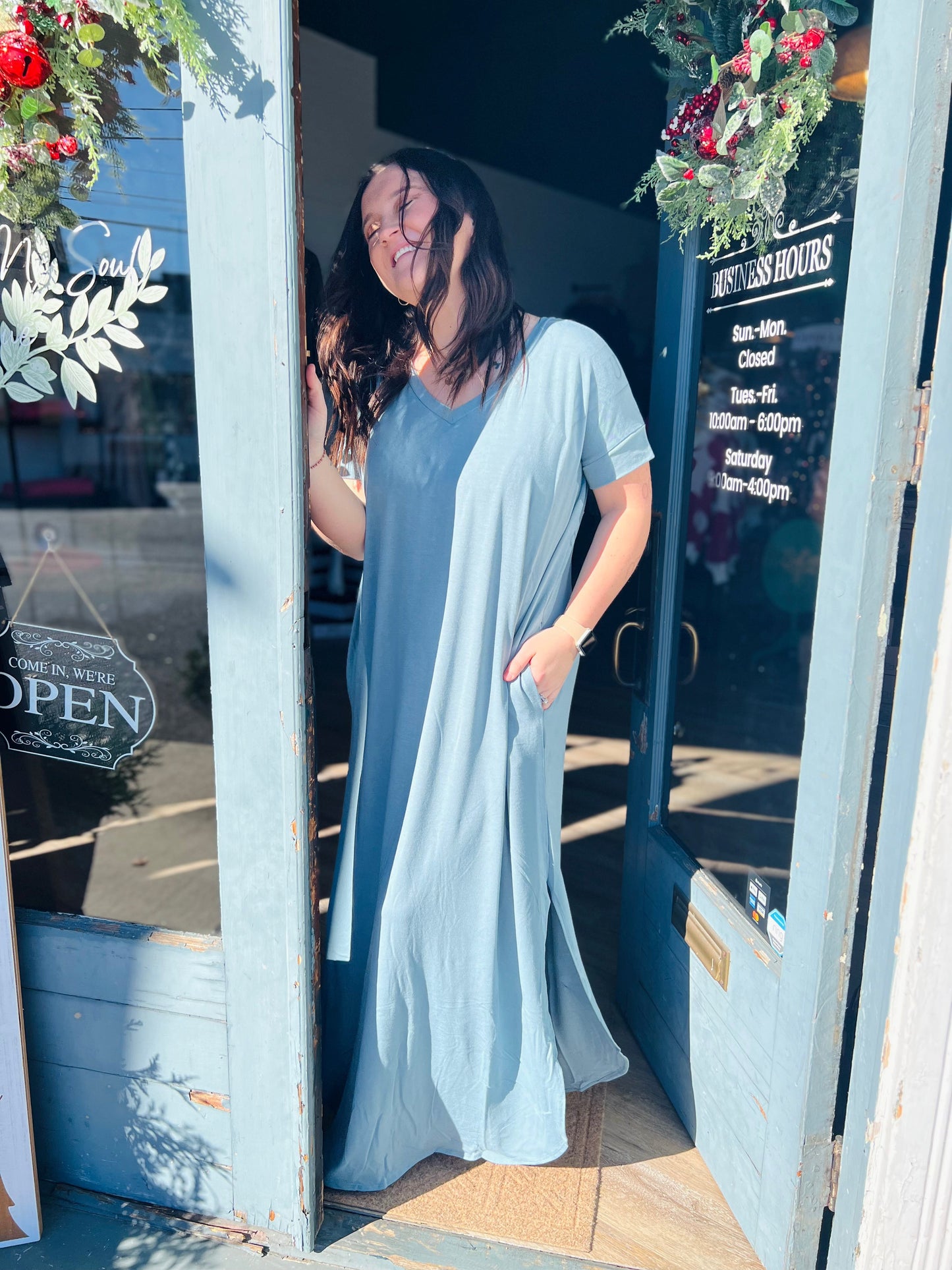 V-Neck Side Slit Maxi Dress - Blue Grey