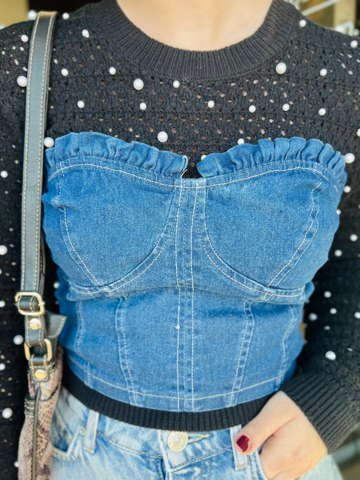 Denim Frilly Tube Top - S