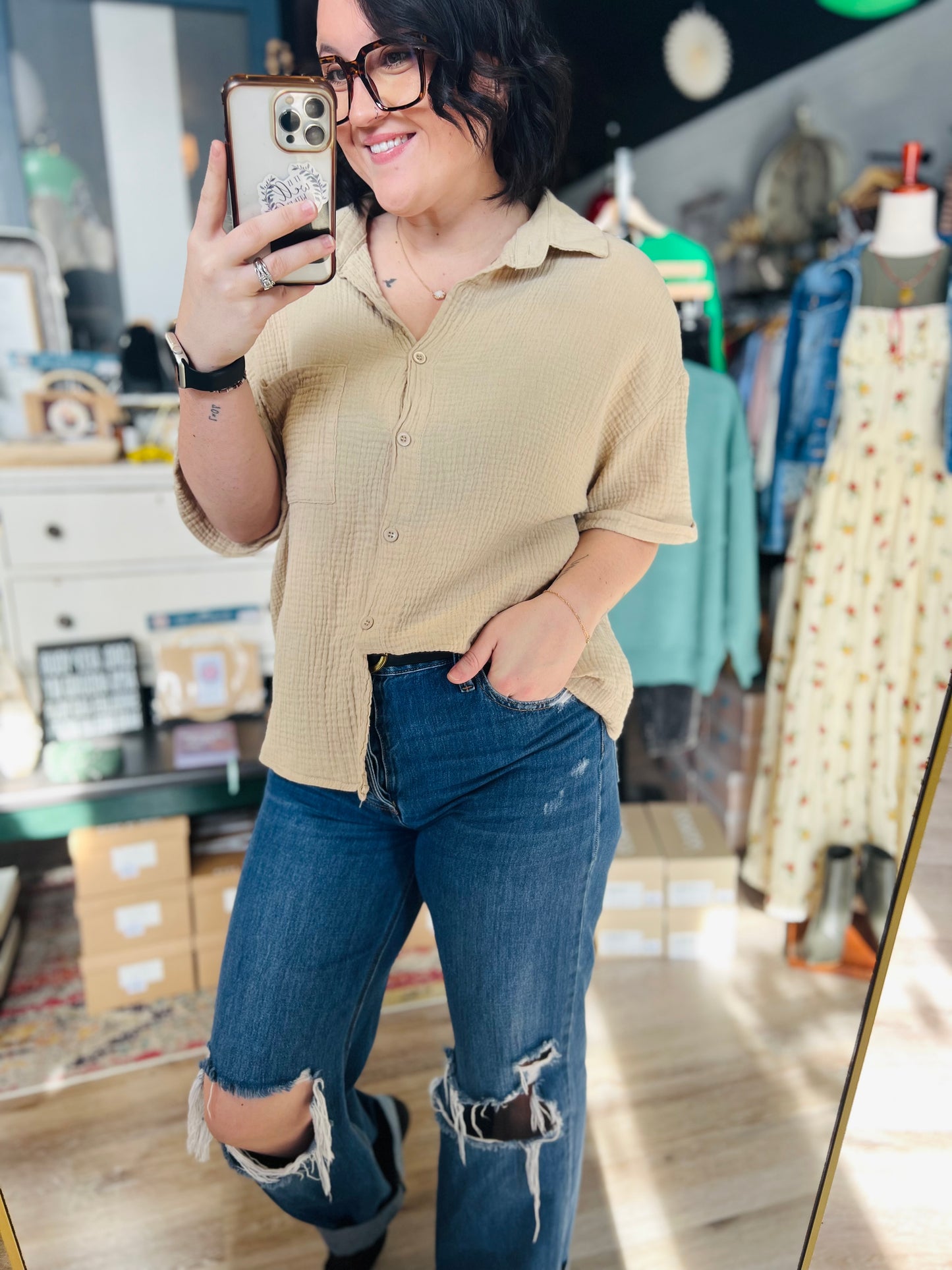 Beige Button Up Boho Top - L