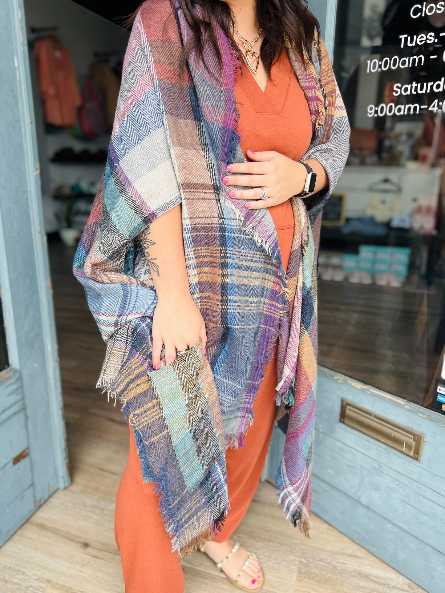 Multicolor Plaid Pocket Shawl