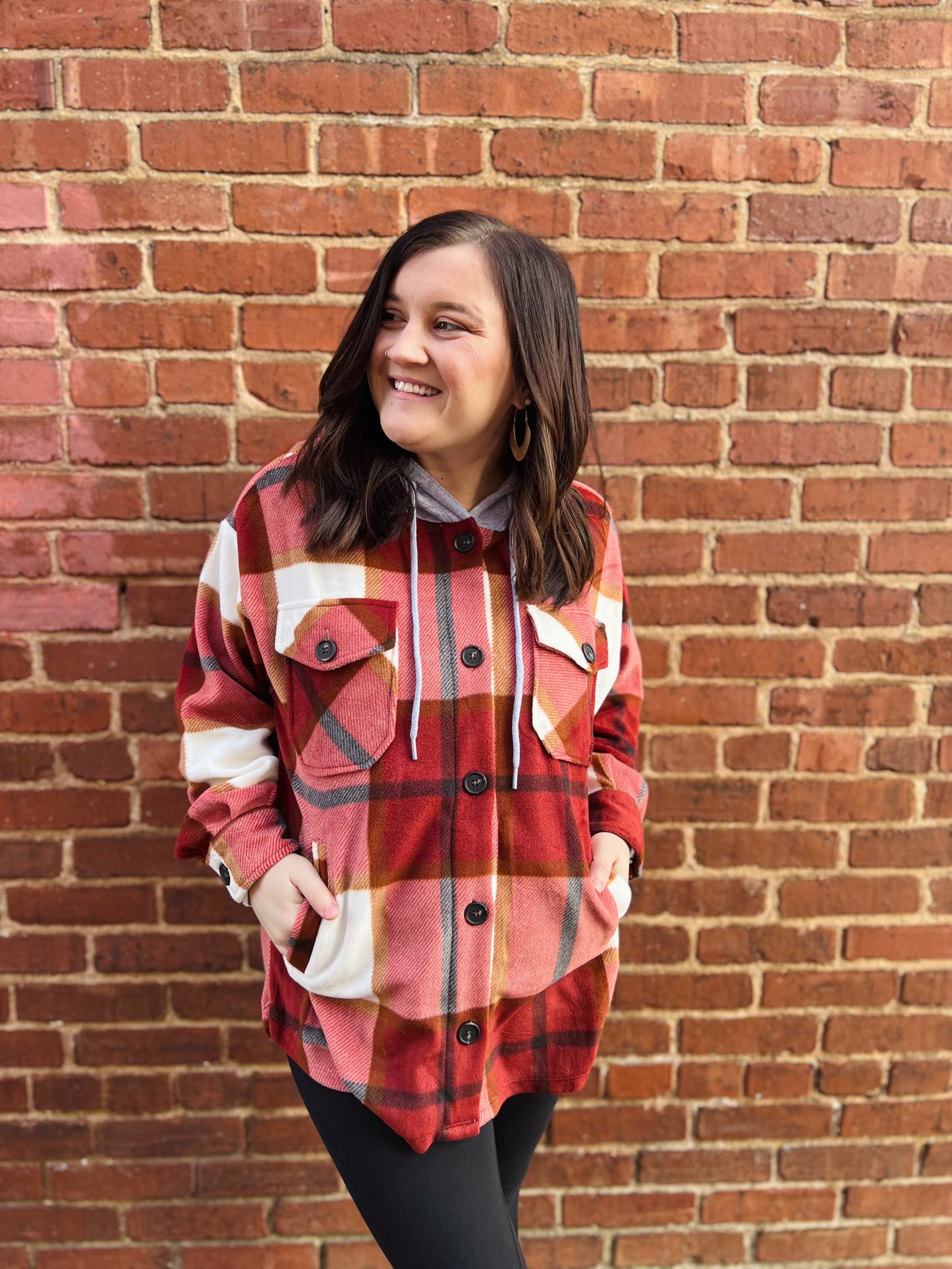 Plaid Drawstring Hooded Shacket | Rust & Black