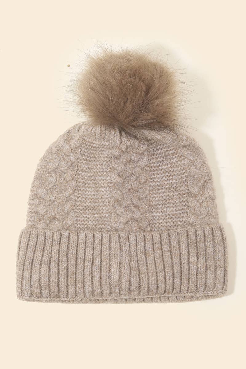 Crochet Knit Pompom Beanie - Taupe