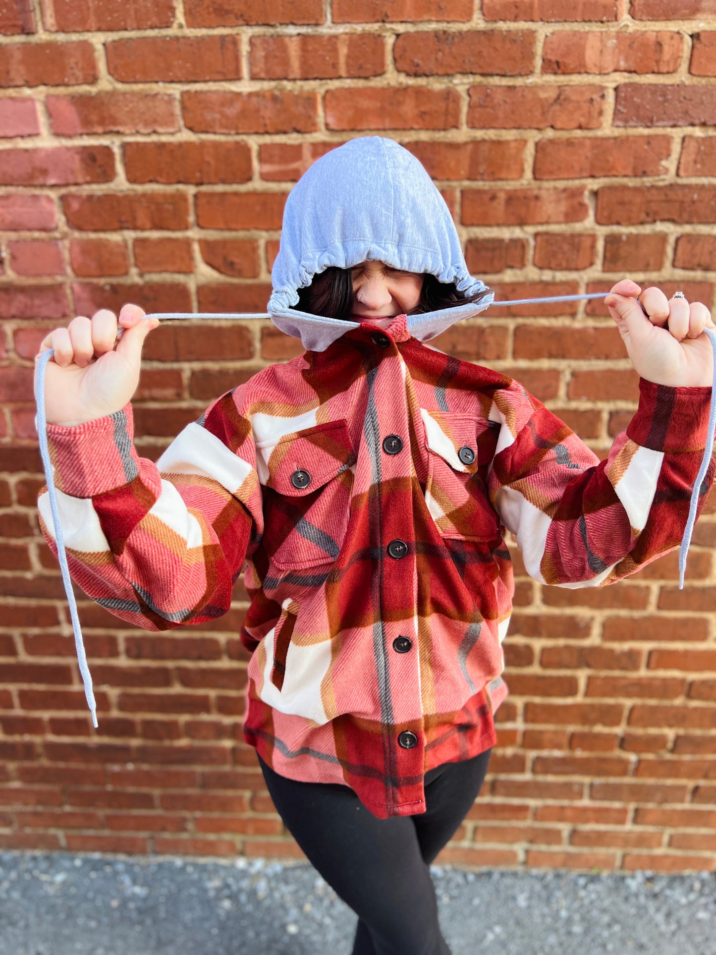 Plaid Drawstring Hooded Shacket | Rust & Black