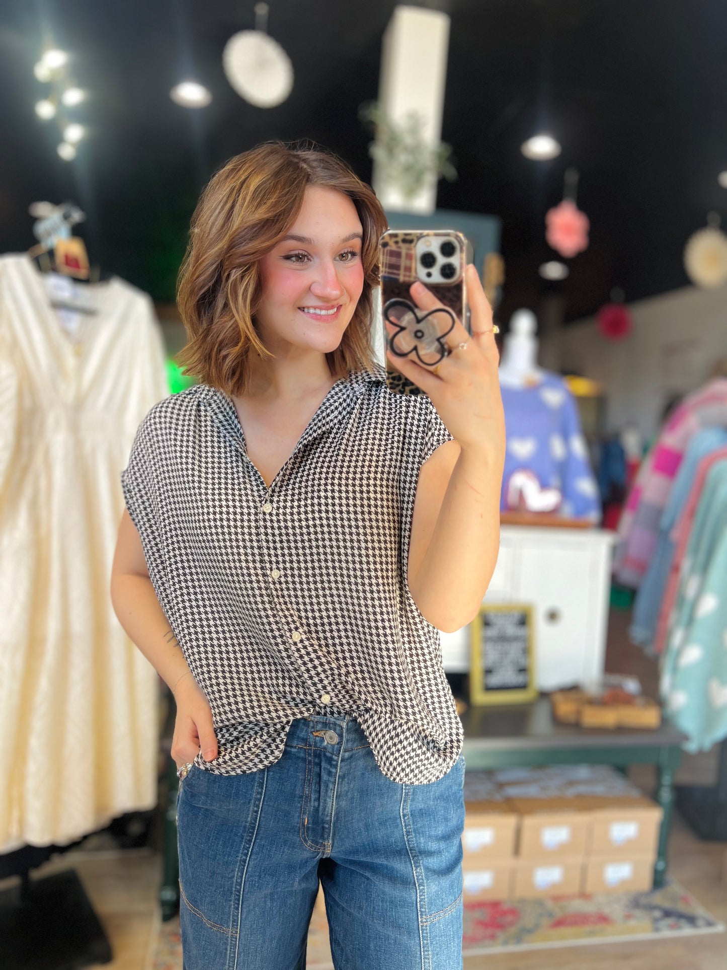 Loft Hounds Tooth Print Blouse - M