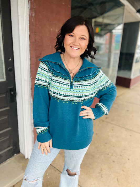 Blue Tribal Quarter Zip Sweater - Size XL