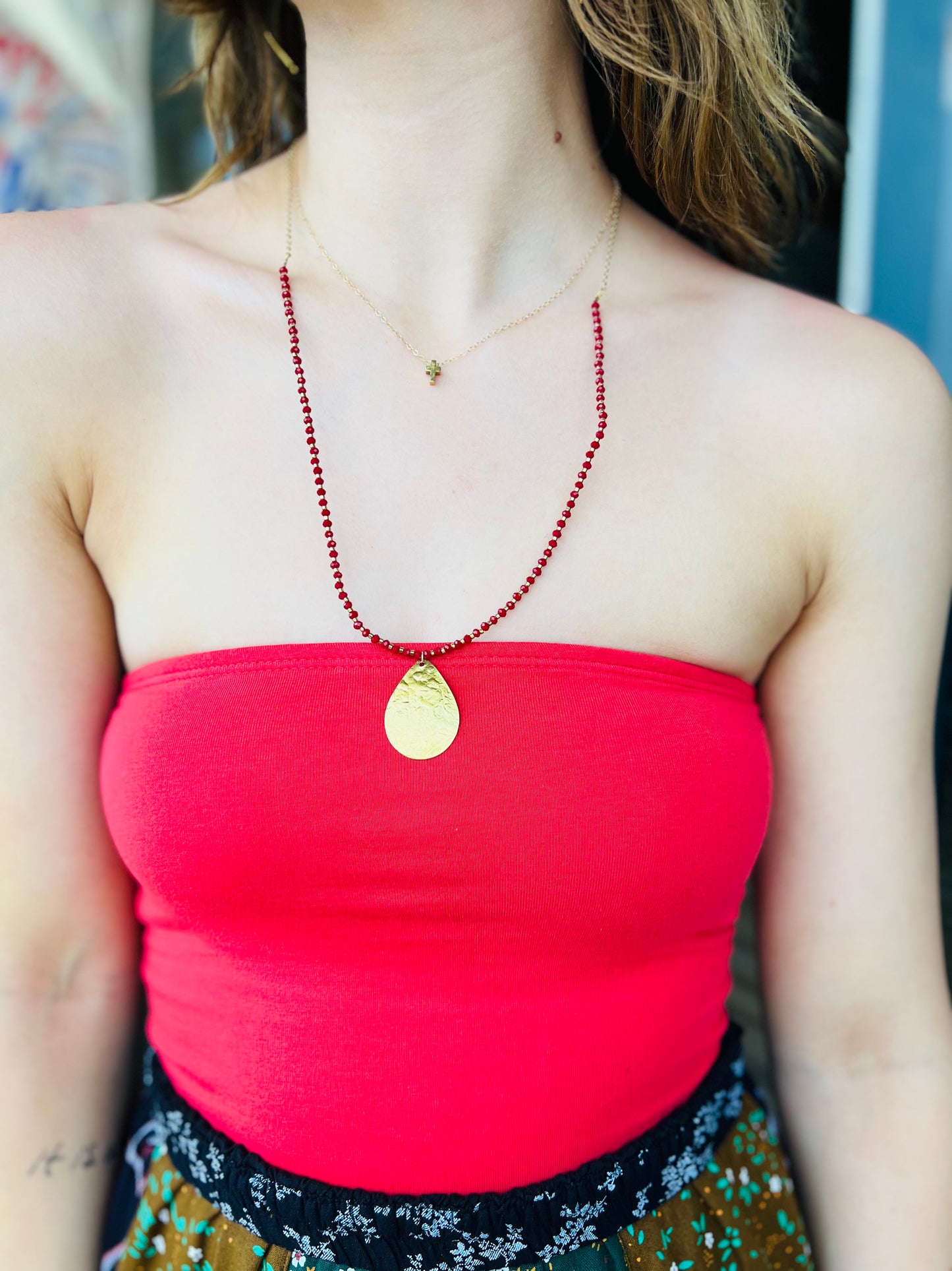 Red Sea | Beaded Pendant Necklace - Brass