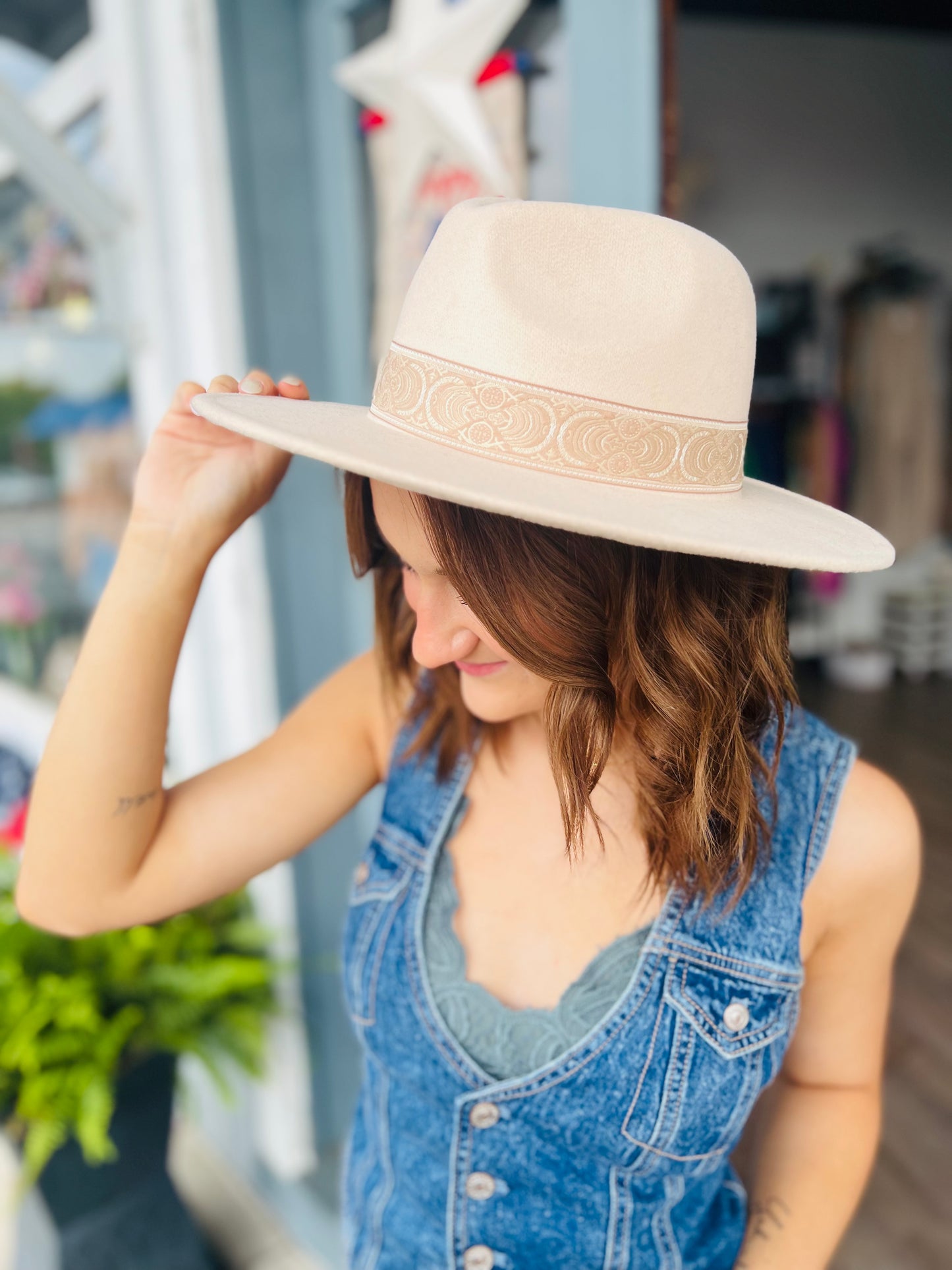 Boho Print Trim Wide Brim Fedora