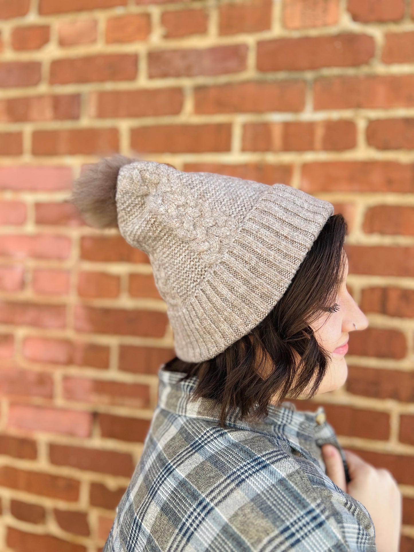 Crochet Knit Pompom Beanie - Taupe