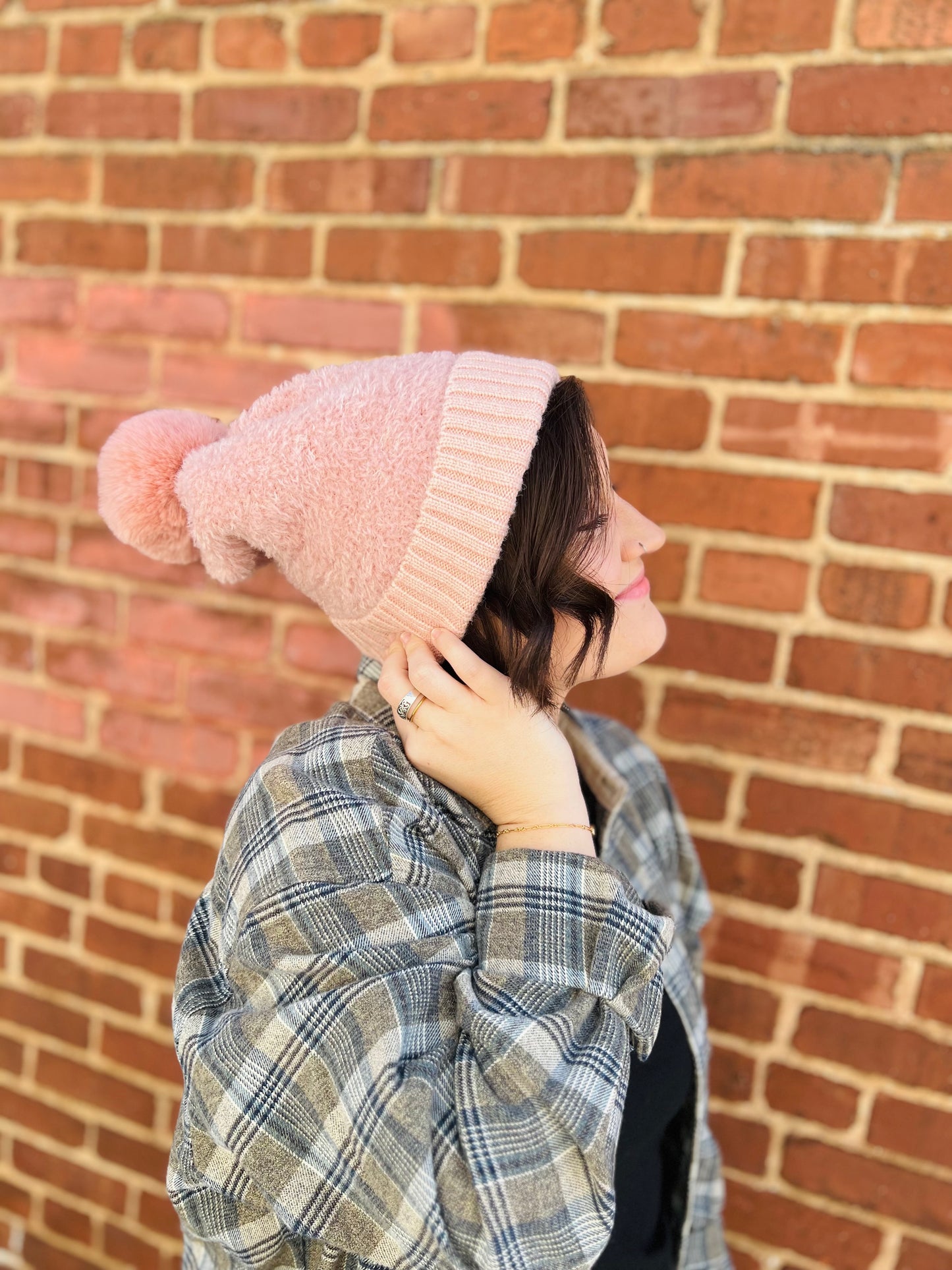 Faux Teddy Knit Pom Beanie - Pink