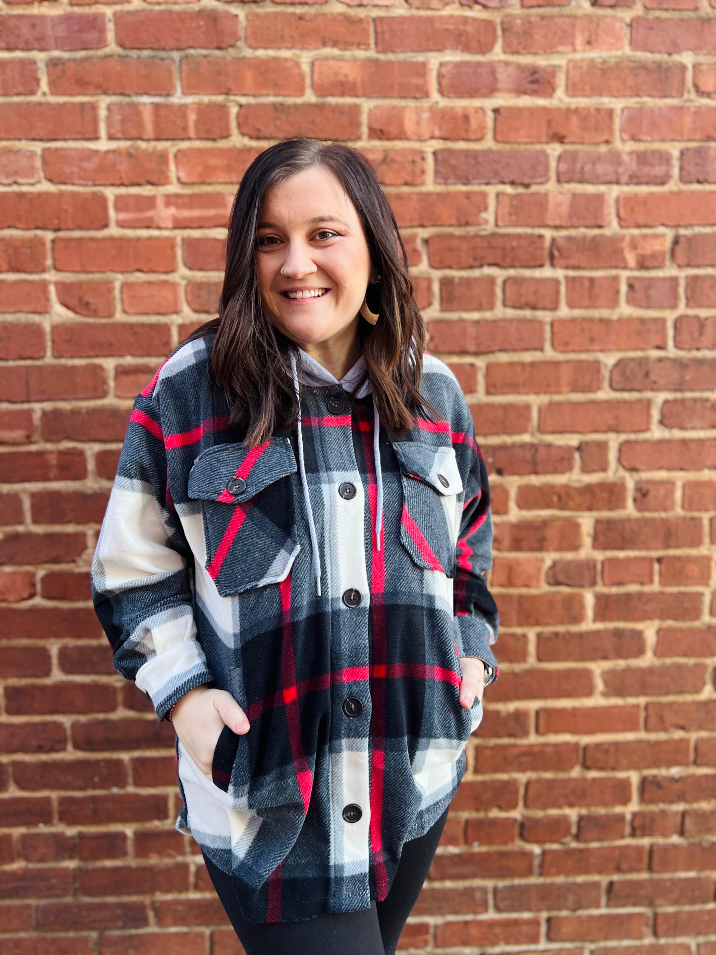 Plaid Drawstring Hooded Shacket | Rust & Black