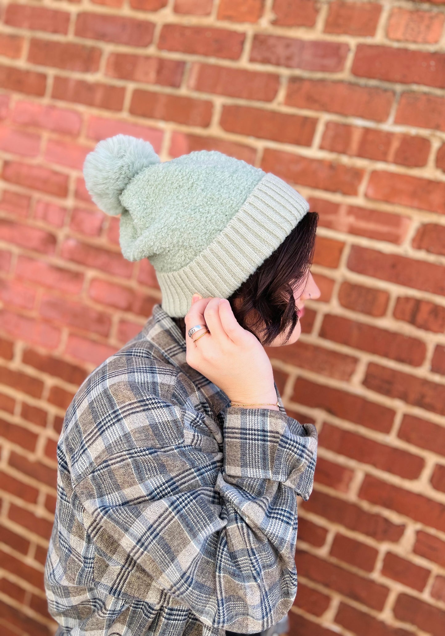 Faux Teddy Knit Pom Beanie - Green