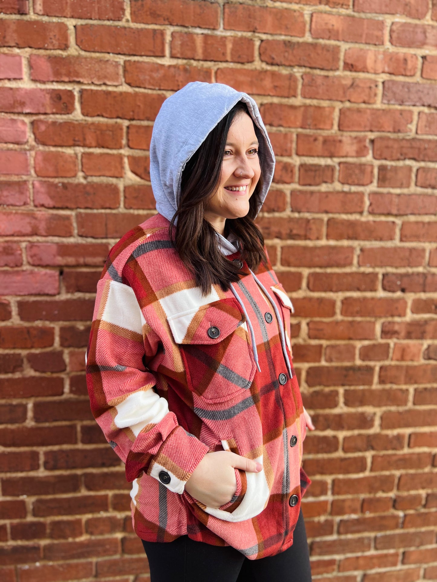 Plaid Drawstring Hooded Shacket | Rust & Black