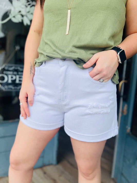 Eunice | Distressed Denim Shorts - White