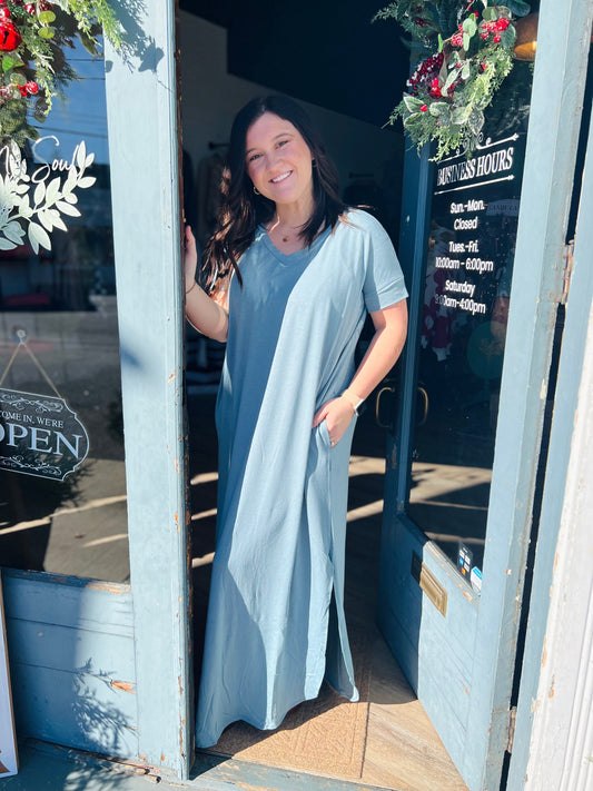 V-Neck Side Slit Maxi Dress - Blue Grey