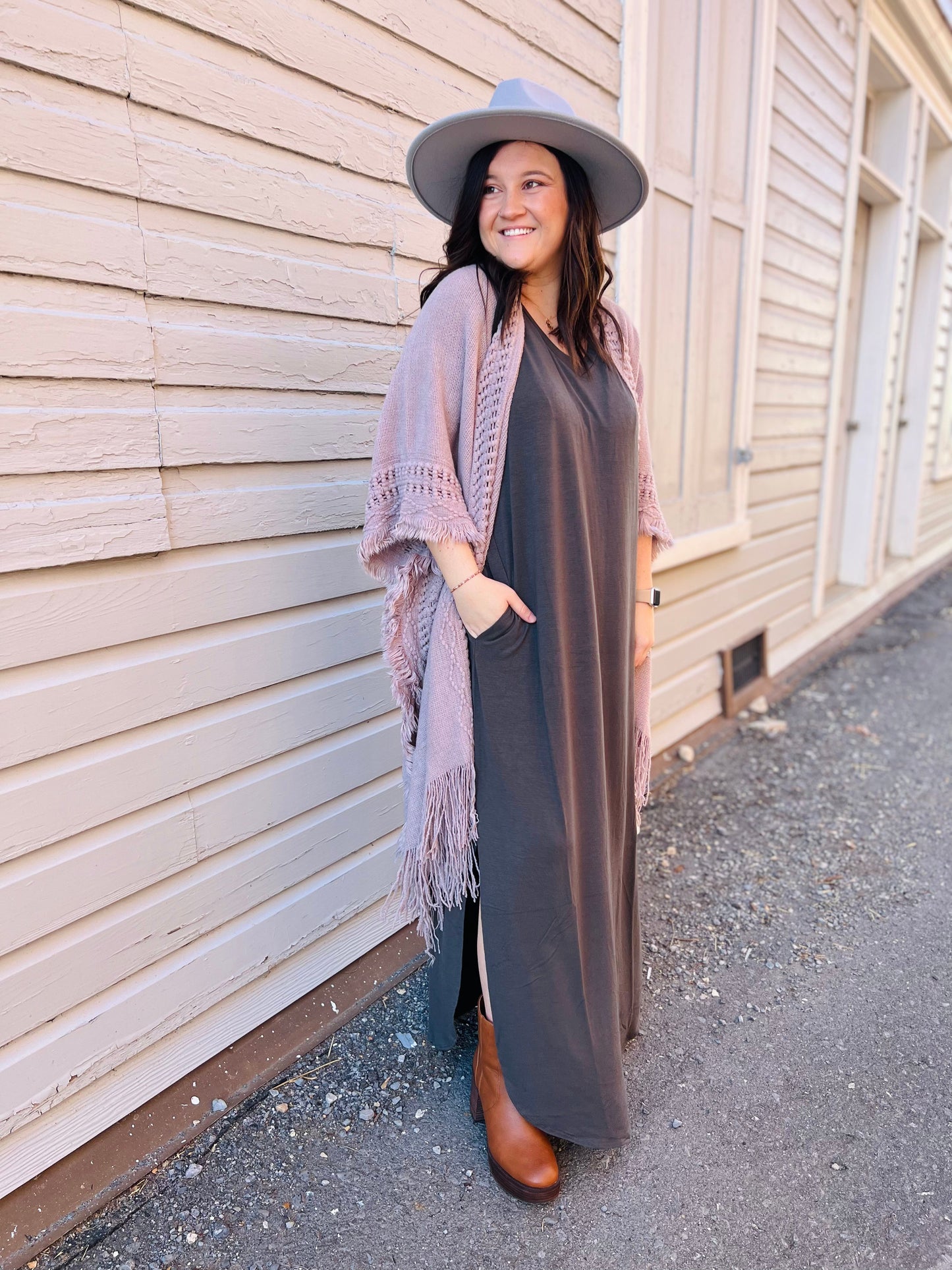 V-Neck Side Slit Maxi Dress - Ash Grey