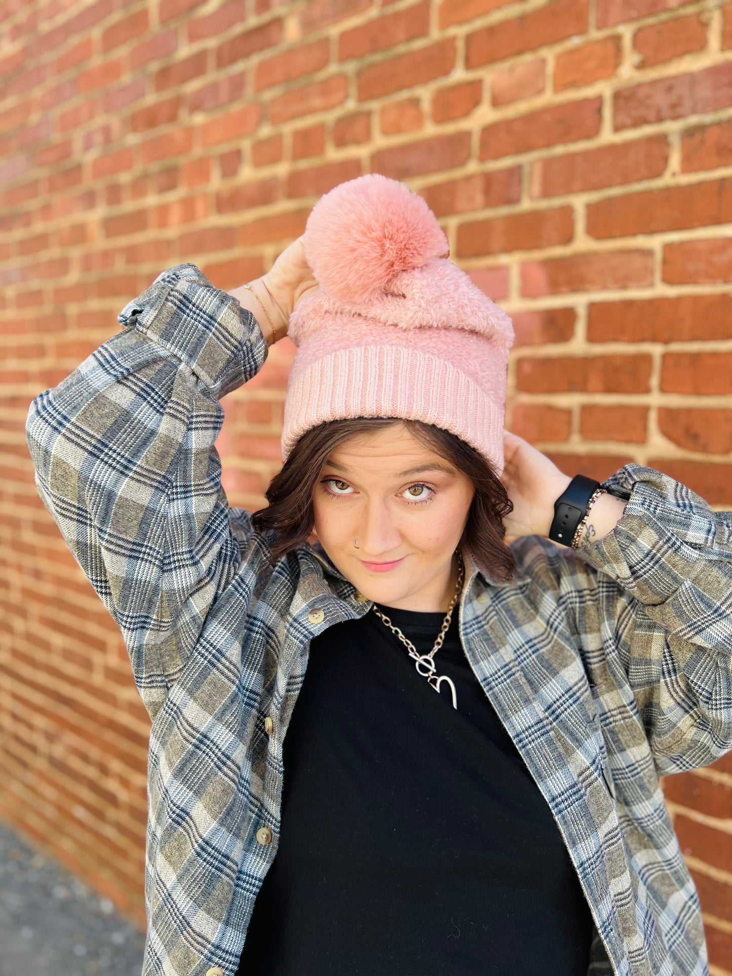 Faux Teddy Knit Pom Beanie - Pink