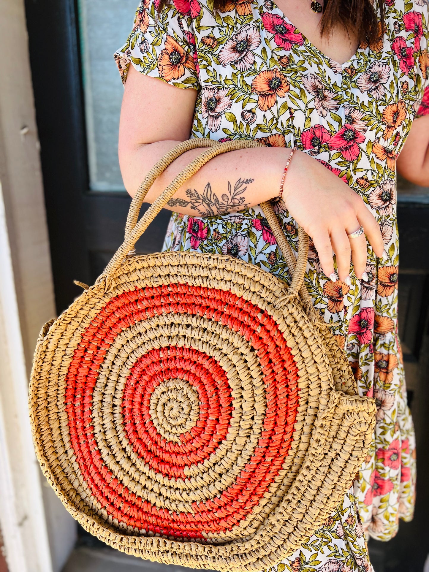 Round Raffia Straw Tote Bag