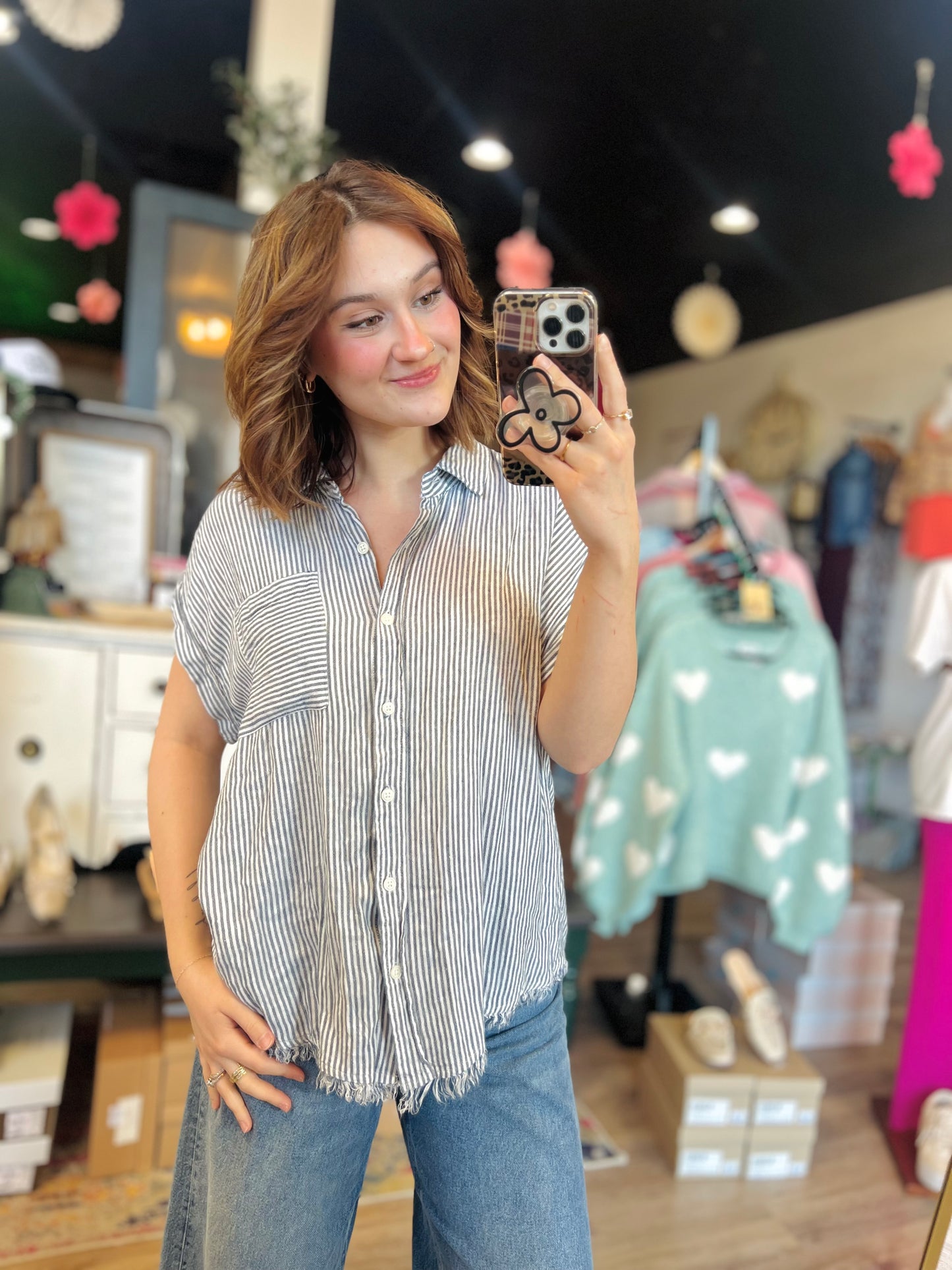 Altar'd State Beachy Stripe Button Up Top - M