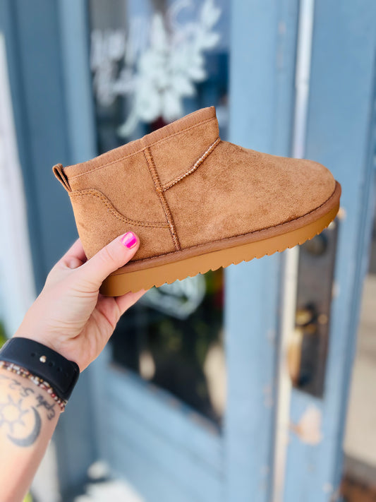 Suede Fuzzy Ankle Boots - Camel