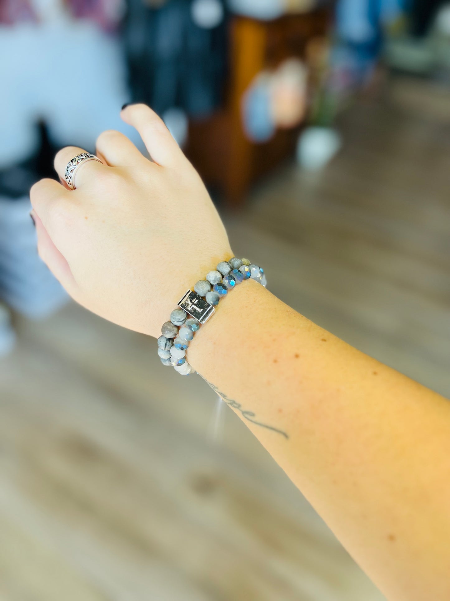 Double Layer Bead Metal Cross Bracelet