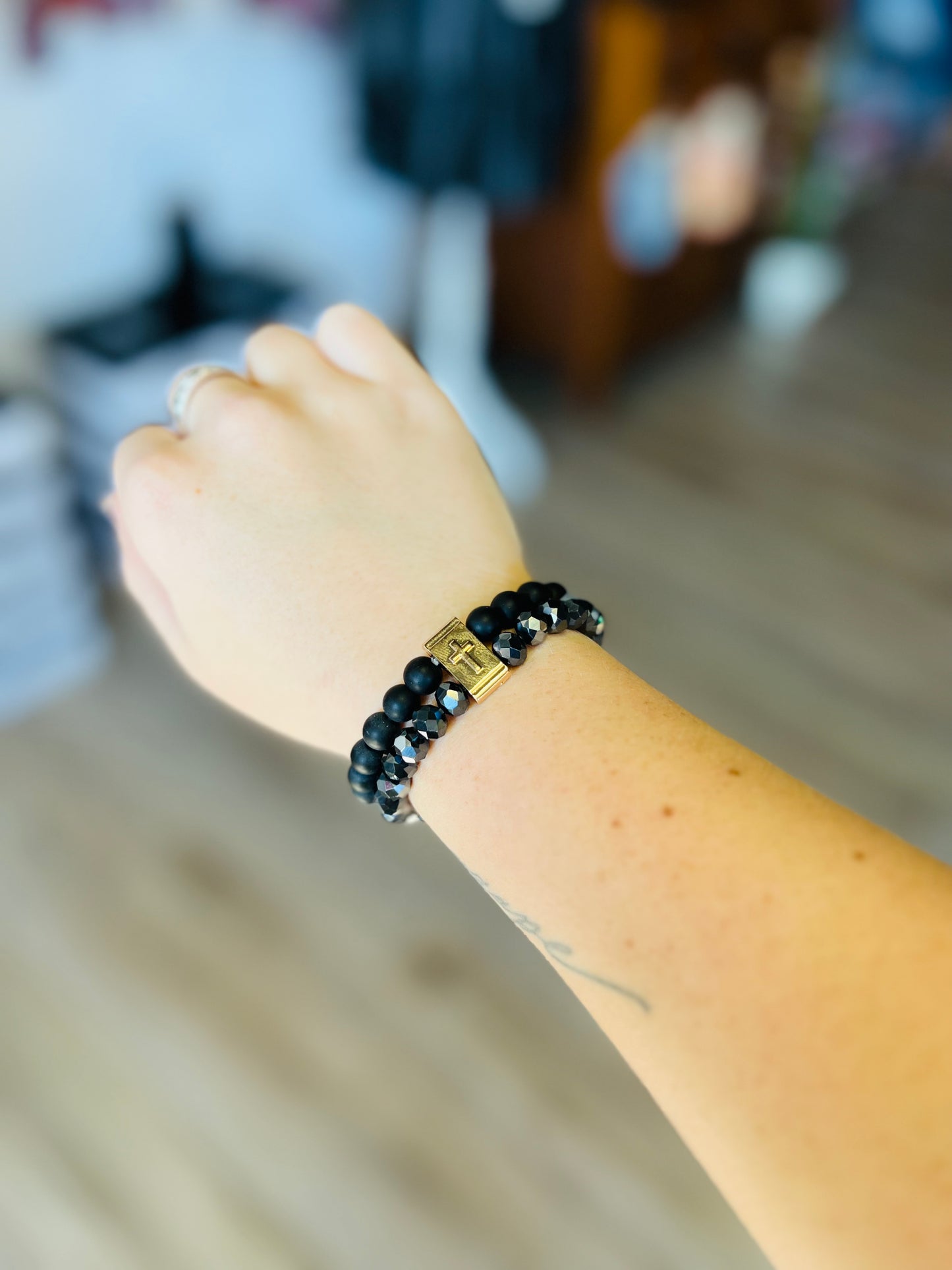 Double Layer Bead Metal Cross Bracelet