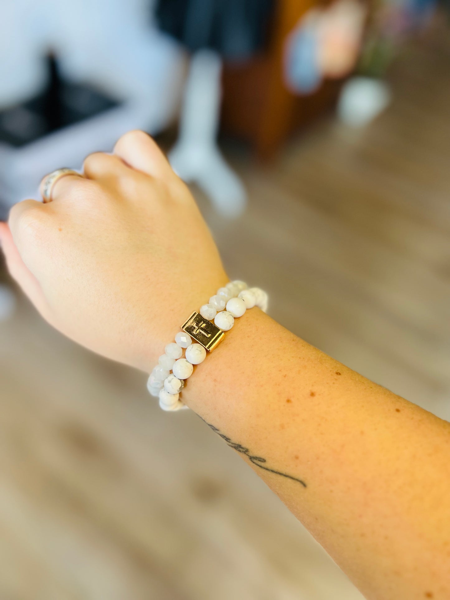 Double Layer Bead Metal Cross Bracelet