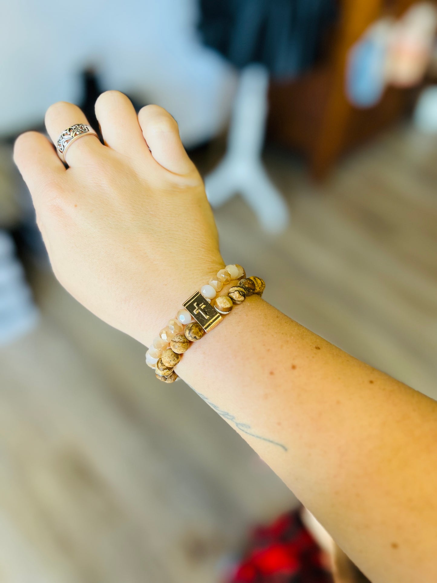 Double Layer Bead Metal Cross Bracelet