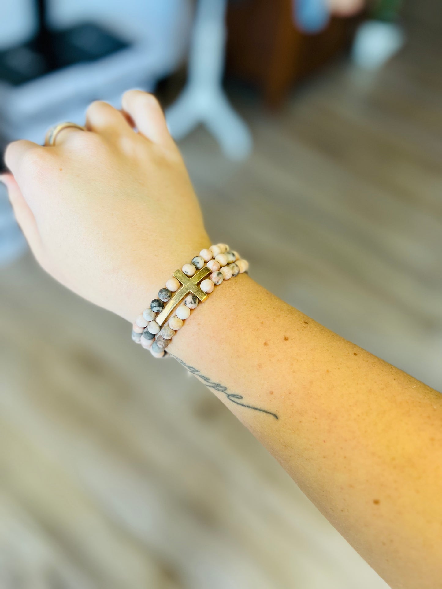 Stone Bead Metal Cross Bracelet