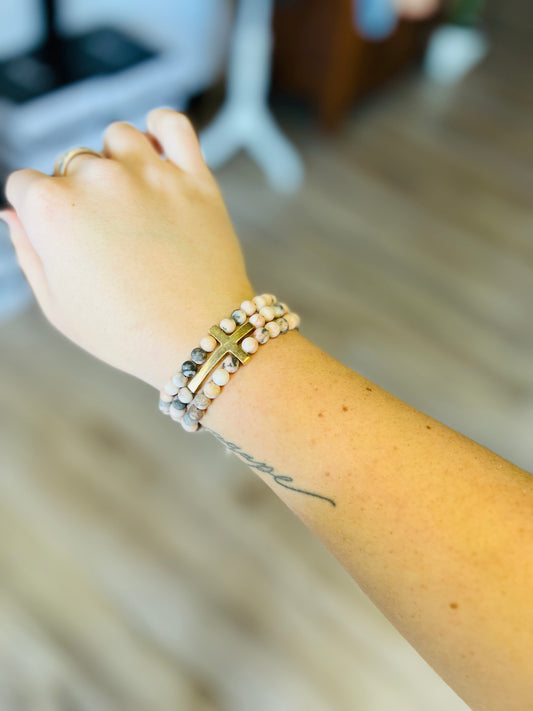 Stone Bead Metal Cross Bracelet