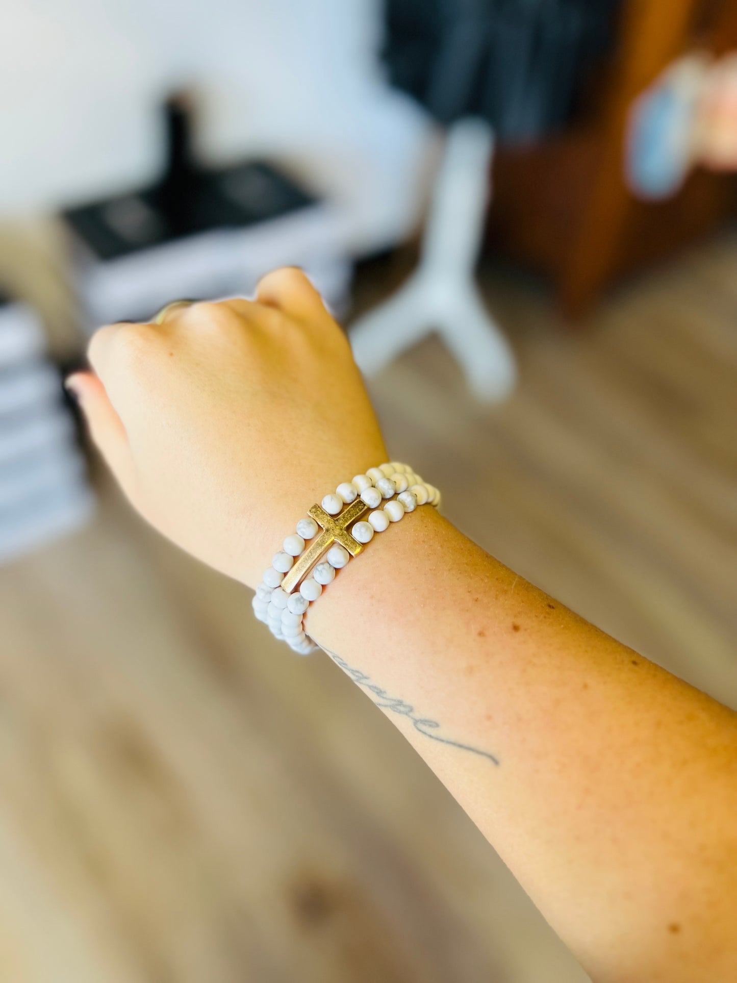 Stone Bead Metal Cross Bracelet
