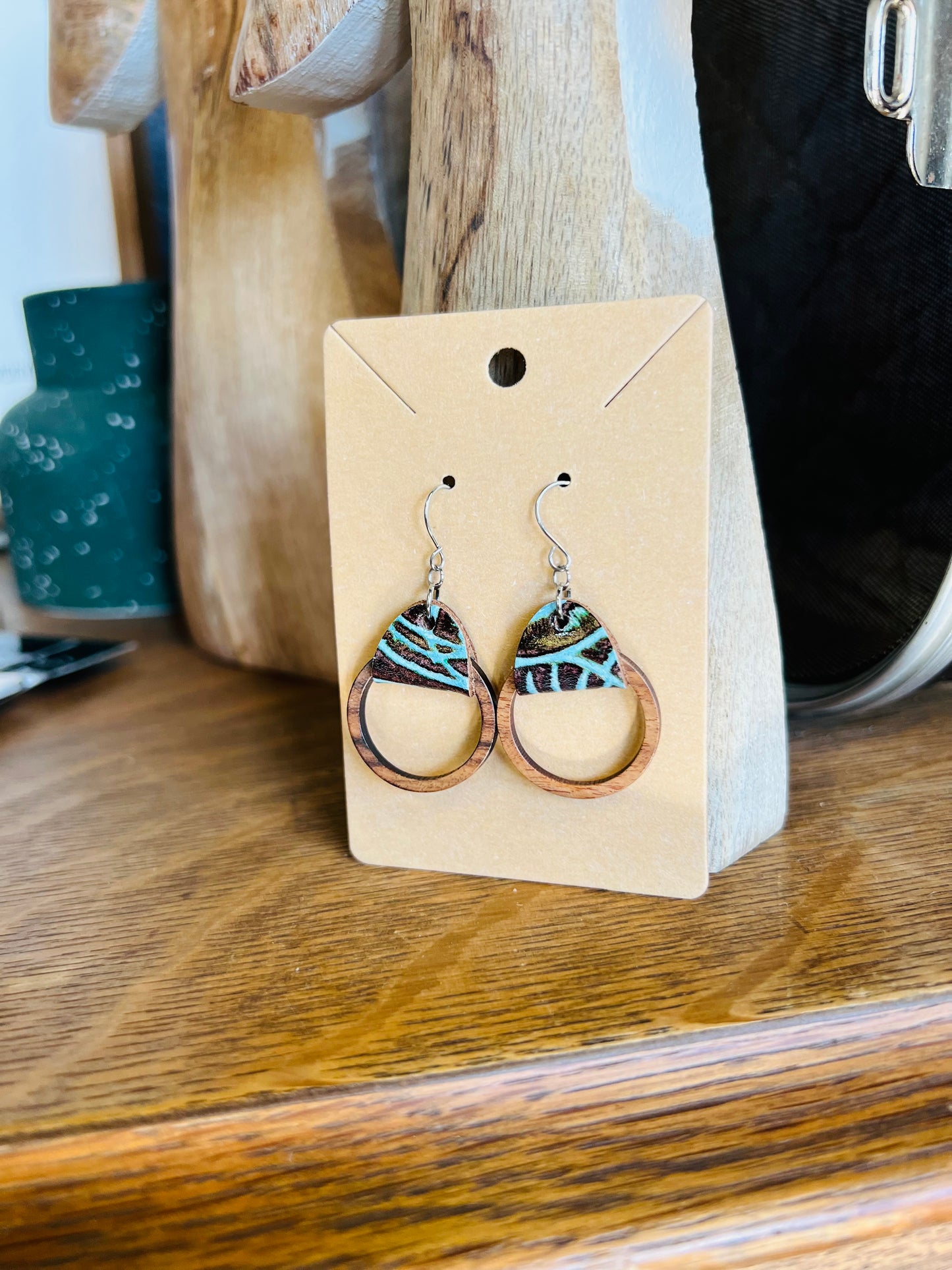 Wood Hoop | Turquoise & Brown Tooled