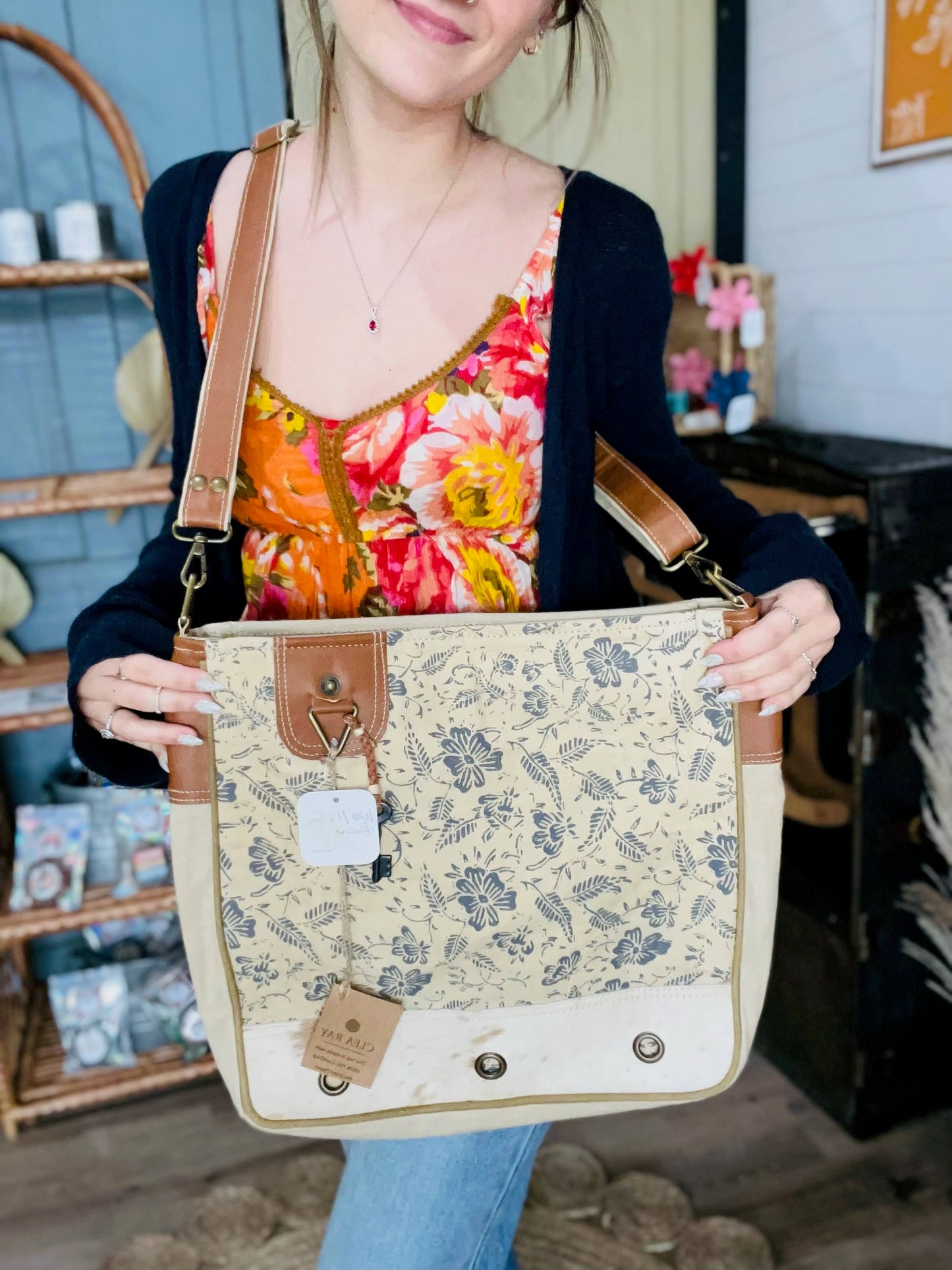 XL Crossbody Blue Floral & Cowhide