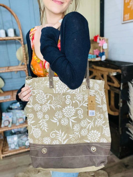 Tan Canvas W/ Floral Pattern | Tote Bag