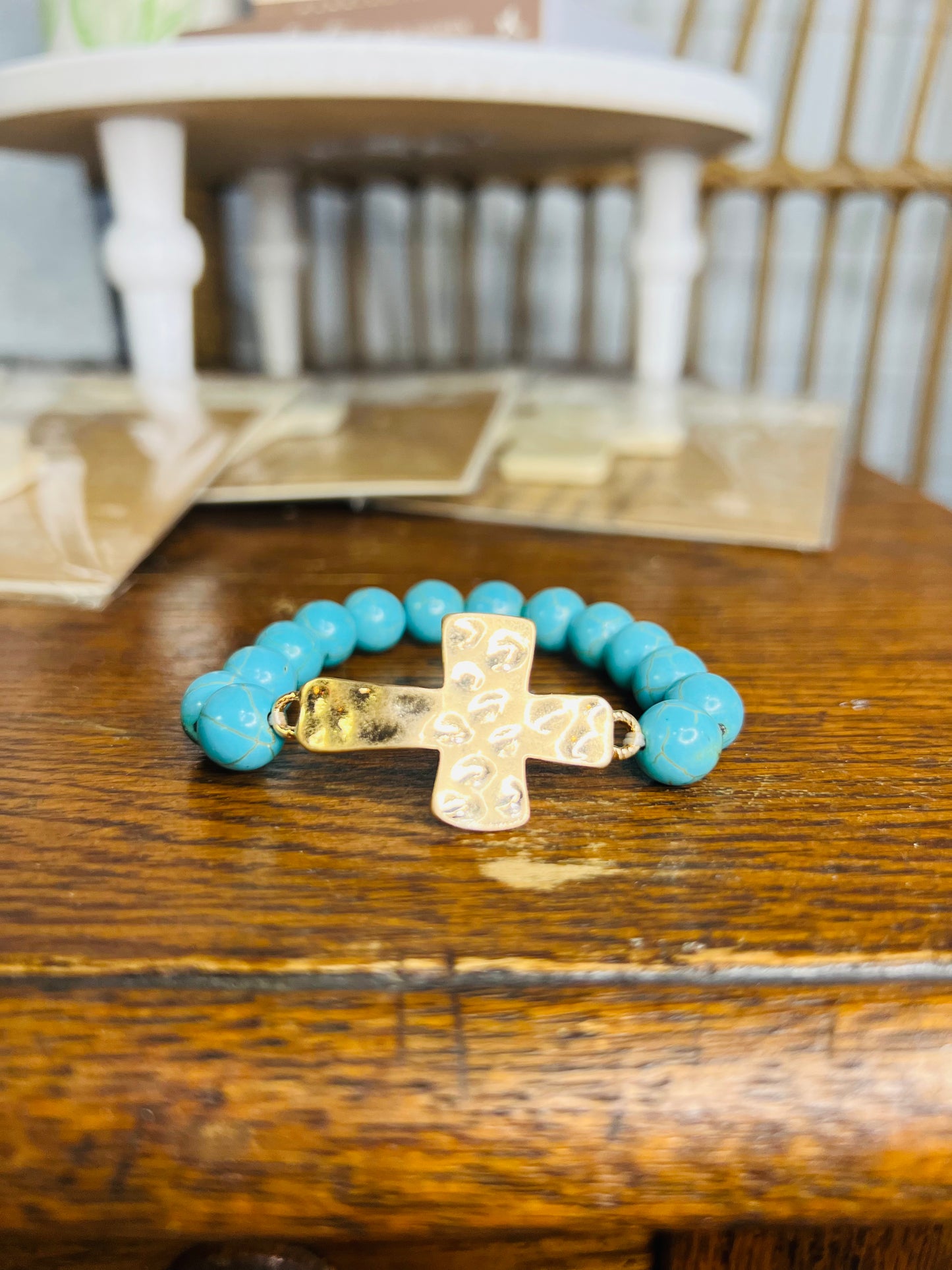Honed Stone Bead Gold Hammered Cross Bracelet
