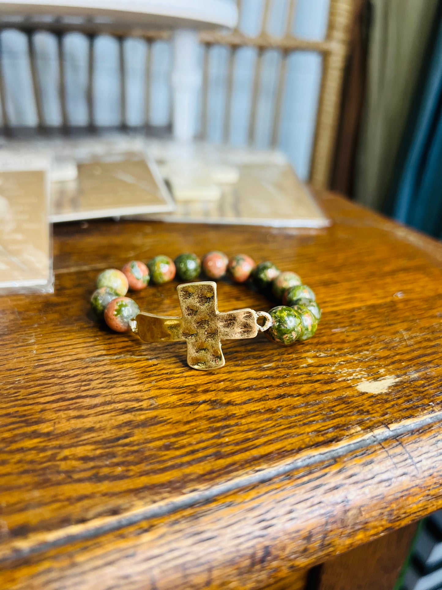 Honed Stone Bead Gold Hammered Cross Bracelet