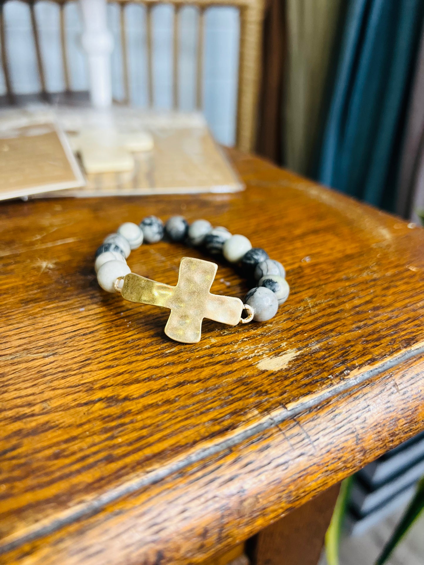 Honed Stone Bead Gold Hammered Cross Bracelet