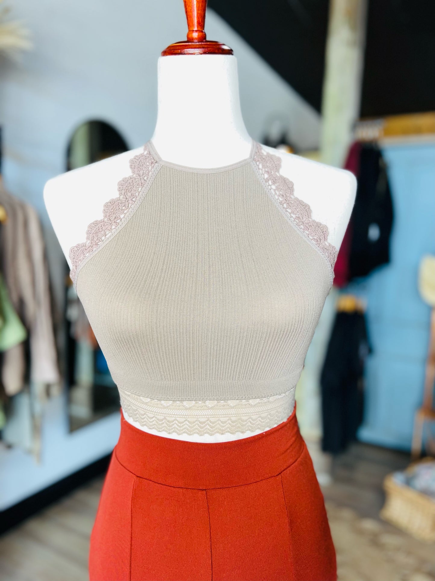 High Neck Crochet Lace Trim Bralette