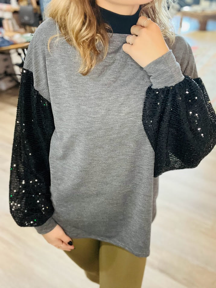 Holiday Sequin Balloon Sleeve Top