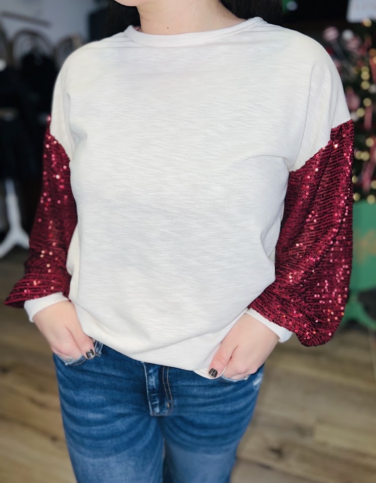 Holiday Sequin Balloon Sleeve Top