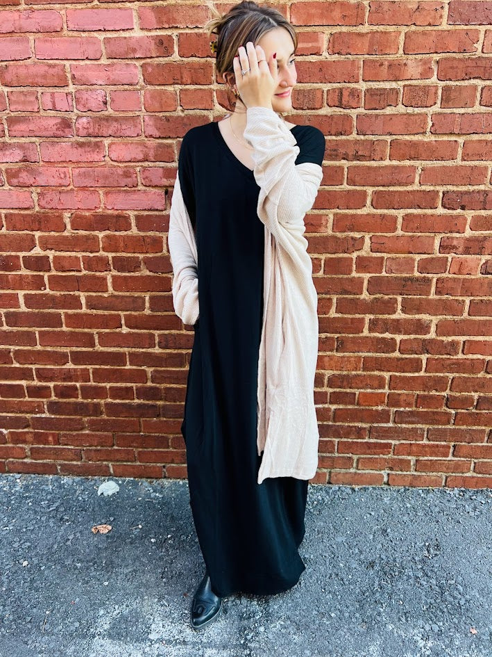 V-Neck Side Slit Maxi Dress - Black