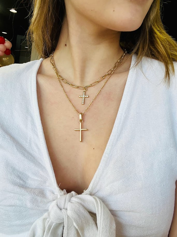 Layered Rhinestone and Gold Cross Necklace