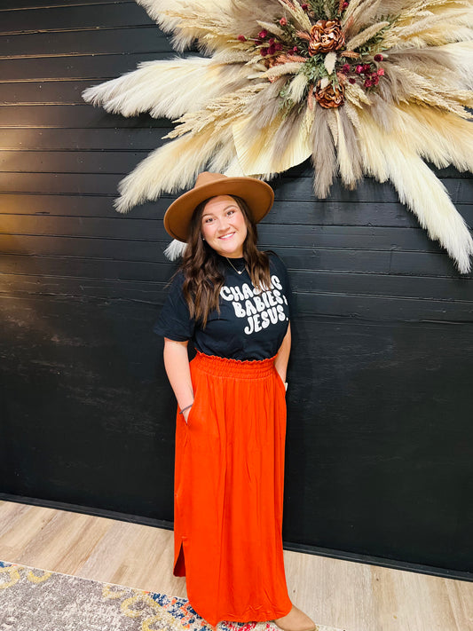 Smocked Waist Side Slit Maxi Skirt W/ Pockets