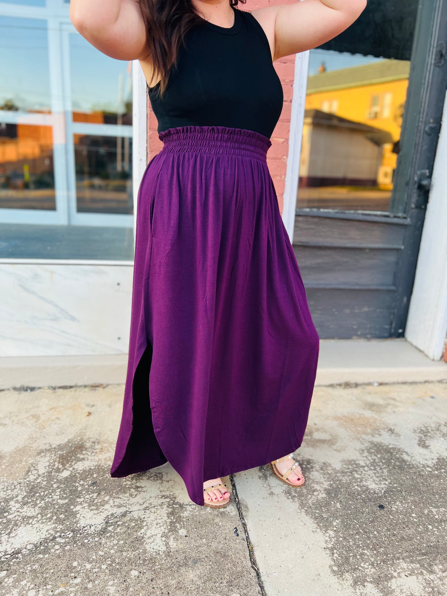 Smocked Waist Side Slit Maxi Skirt W/ Pockets