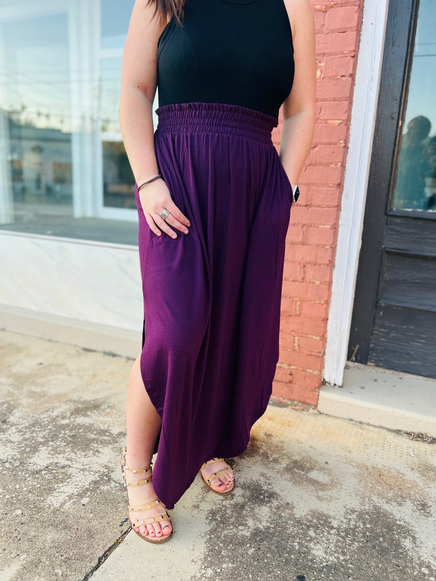 Smocked Waist Side Slit Maxi Skirt W/ Pockets