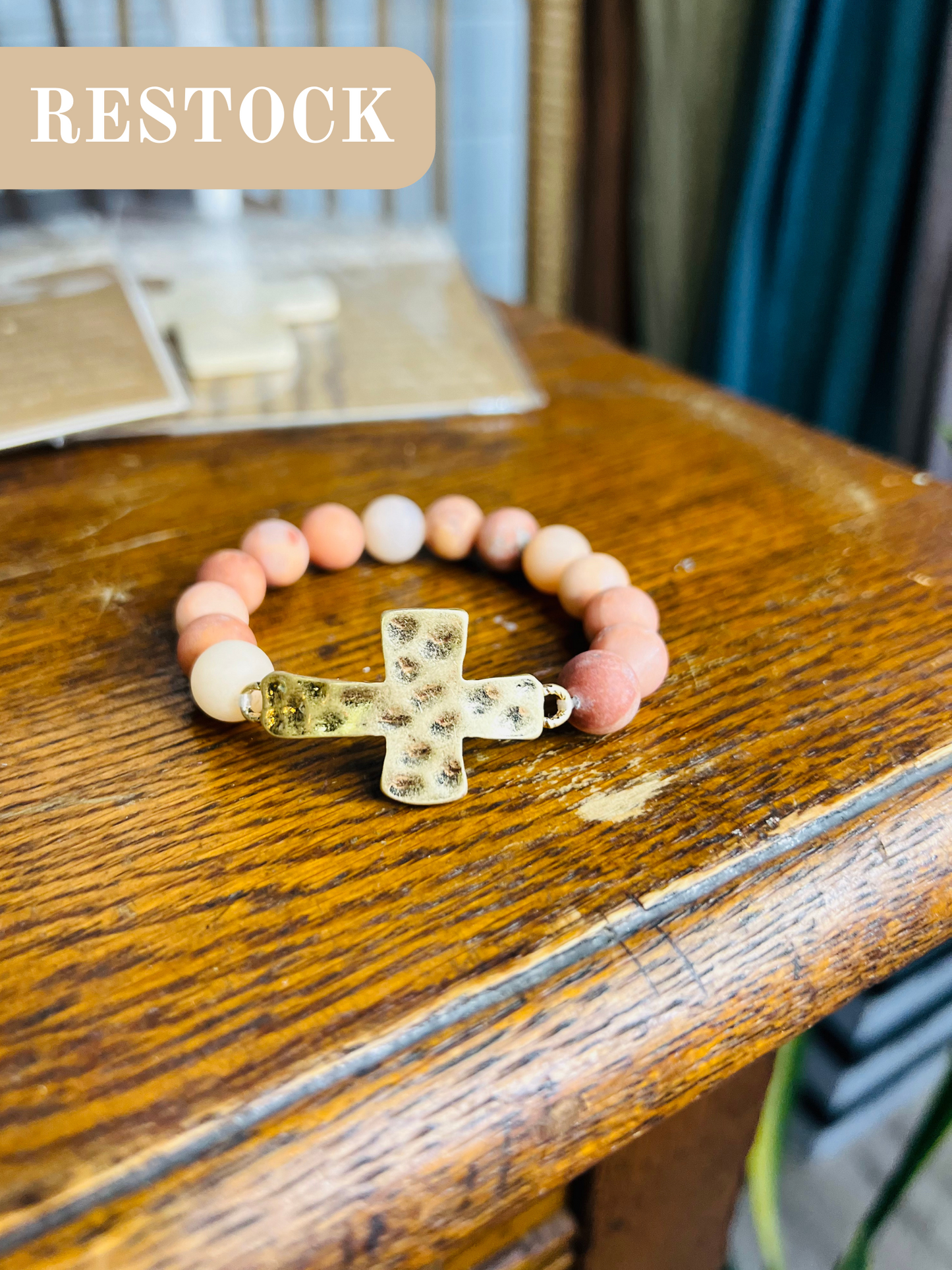 Honed Stone Bead Gold Hammered Cross Bracelet